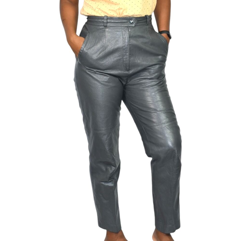 Vintage Ligne Privee Leather Pants Gray Flat Front Tapered Ankle High Waisted 4